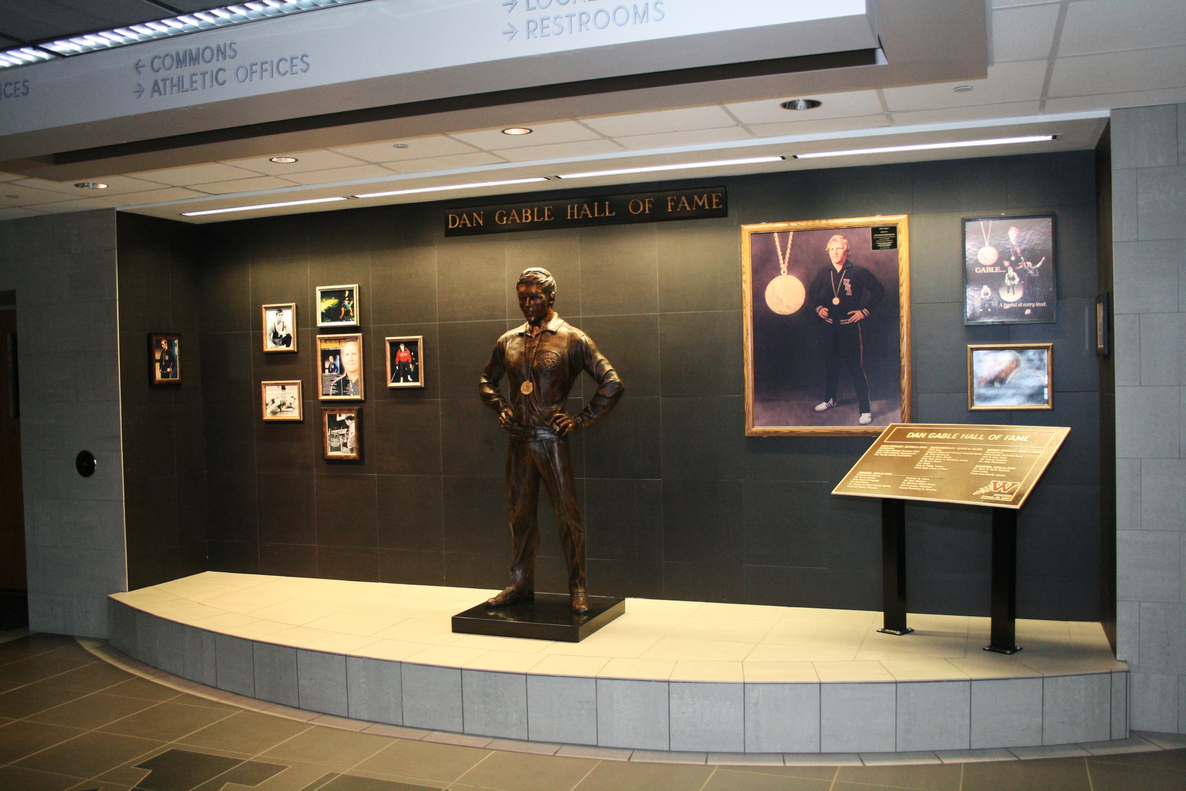 Dan Gable Hall of Fame display featuring the Dan Gable statue